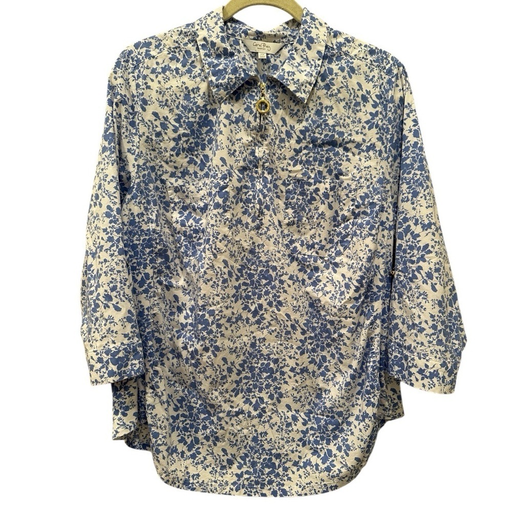 Blue Floral Quarter Zip Blouse Gold Zipper Accent Vacation Lightweight Sz 1X